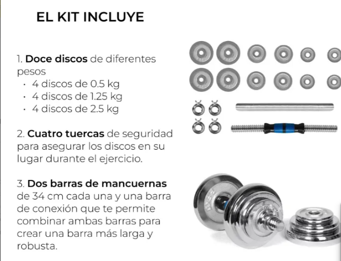 Kit De Mancuernas Pesas Con Barra Discos Ejercicio Gym 20kg Color Azul